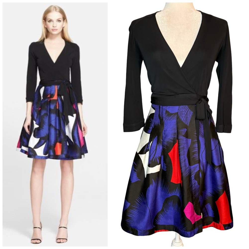 DVF Diane Von Furstenberg Black Silk Cotton Jewel Wrap Dress Size 0 (XS) Pockets